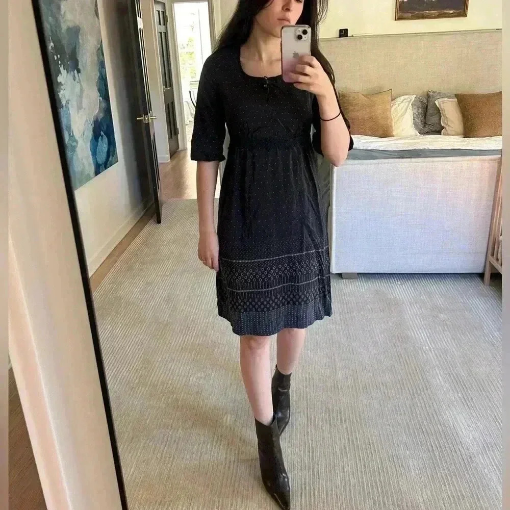 SANDRO 100% silk polka dot black round neck button/lacw detail dress sz XS-S